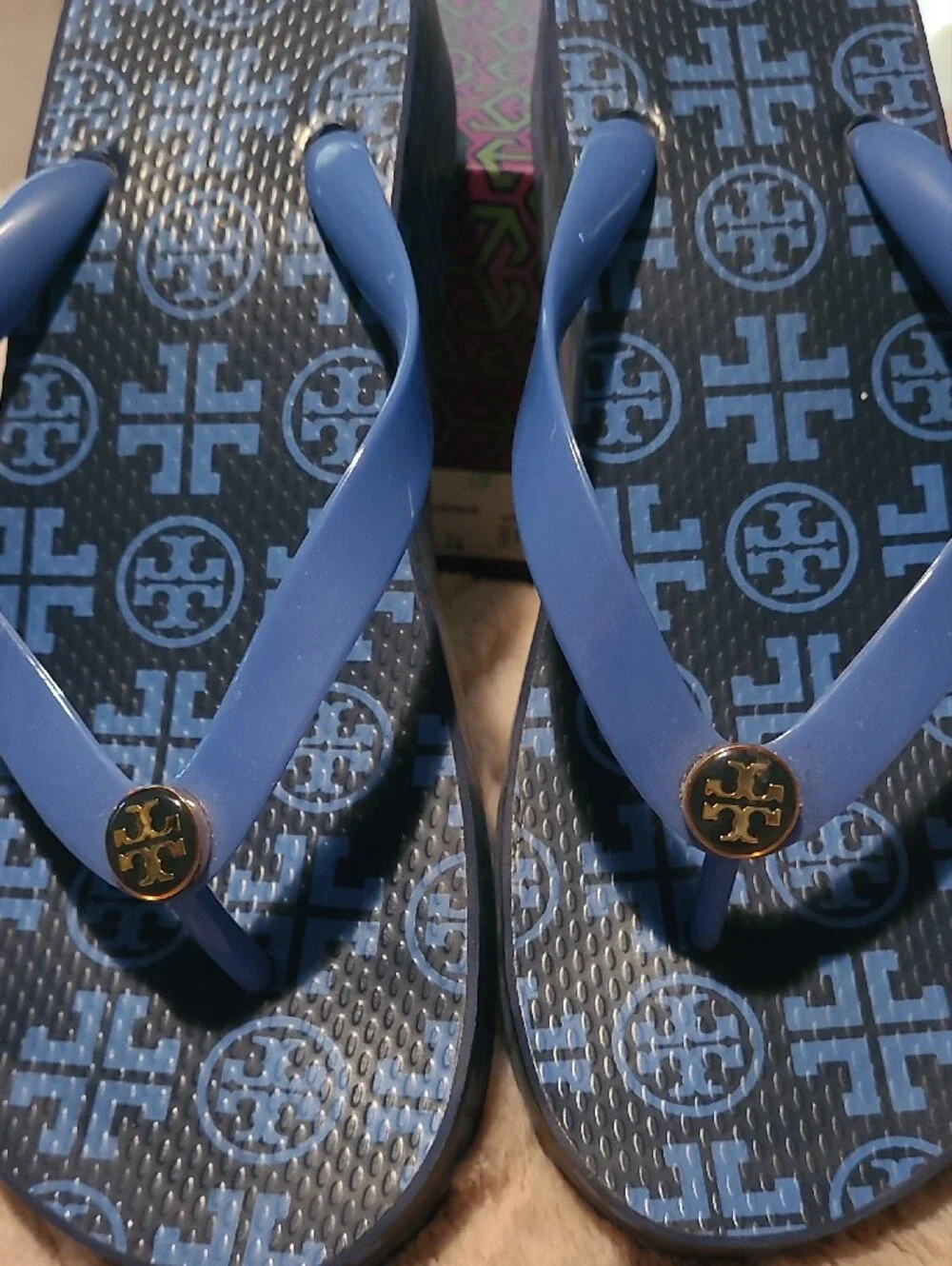 Tory Burch Blue Logo Flip Flops